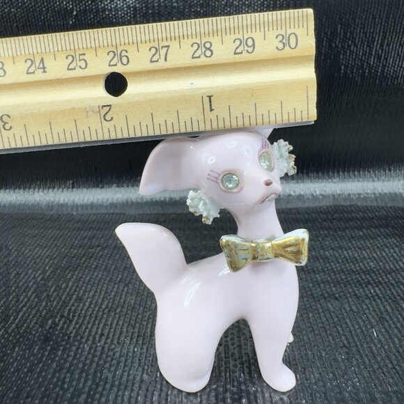 Thames Pink Ceramic Poodle Figurines Gold Bows Rhinestone Eyes Spaghetti Set 3 - Picture 6 of 15